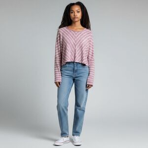 Purple & White Striped Tight knit Round Neck cropped Blouse Long Sleeve size XL